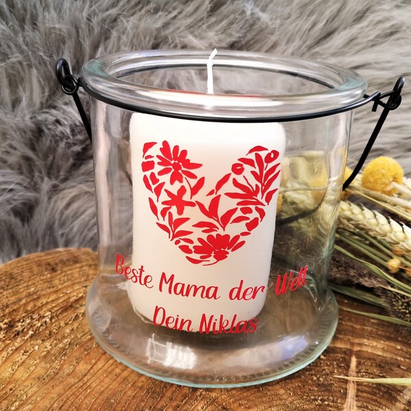 personalisiertes Kerzenglas Windlicht Glas zum Hängen Geschenk Muttertag Mama Oma Herz Kerzenhalter Beste Mama der Welt Name Glas