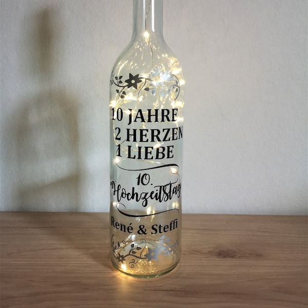 Leuchtflasche - Weinflasche Lichterkette Hochzeit Silberhochzeit goldene Hochzeit Hochzeitstag Geschenk Flaschenlicht Lampe personalisierbar