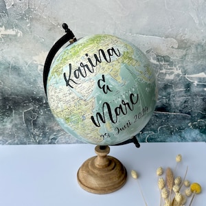 Personalisierter individueller Globus Gästebuch Erinnerung Hochzeit Dekoration Geschenk Brautpaar Weltkarte Reise blau