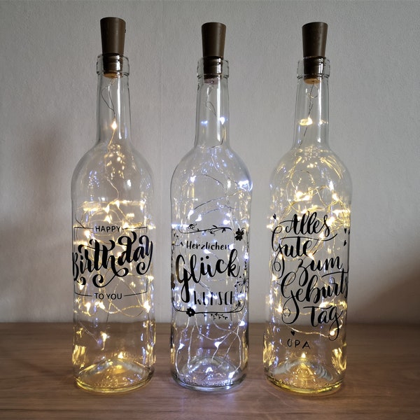 Leuchtflasche - Weinflasche Lichterkette mit individuellem Spruch zum Geburtstag, Abschluss, Hochzeit, Geburt Flaschenlicht personalisierbar