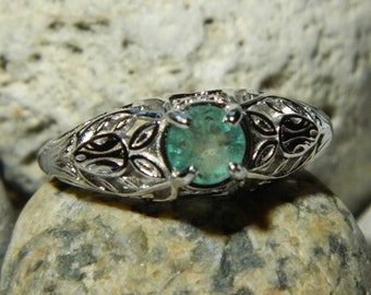 EMERALD - Soft Green .42 ct Round Emerald - Sterling Silver Botanical Filigree Solitaire Ring