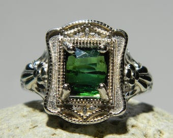 TOURMALINE - Dark Forest Green 1.79 ct Emerald Cut Tourmaline - Sterling Silver Art Deco Style Filigree Solitaire Ring