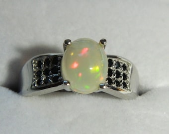 OPAL - Creamy White with Rainbow Flashes 1.57 ct Honeycomb Welo Opal and Black Spinel Sterling Silver Ring