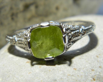 SPHENE - Bright Apple Green 2.14 ct Cushion Cut Sphene - Sterling Silver Art Deco Style Solitaire Ring