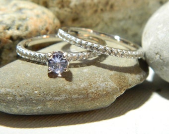 TOURMALINE - Pale Violet Blue and White CZ 2 piece Bridal Set - Sterling Silver Rings