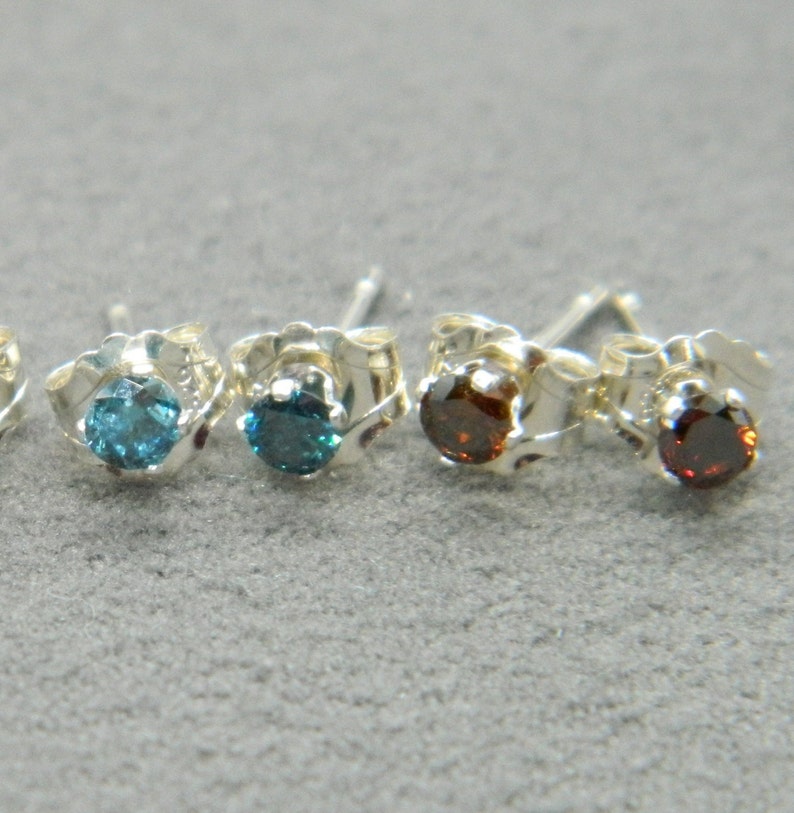 DIAMOND Natural Mined Coloured 2.5 mm Diamond Micro Mini Stud Sterling Silver Earring Pairs