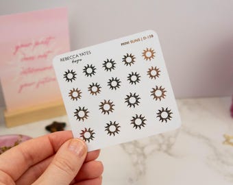 Foiled planner sticker sheet - Mini Suns! Decorative stickers for planners, journals and scrapbooks. Gold, Silver or Rose Gold foil