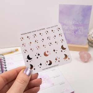 Amas de lunes et d'étoiles ! Feuille d'autocollants transparents pour agenda. Superposition d'autocollants décoratifs pour agendas verticaux et bullet journals