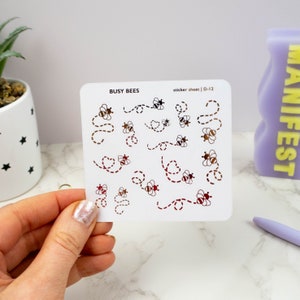 Feuille d'autocollants pour agenda - Abeilles occupées ! Stickers décoratifs avec revêtement en papier d'abeille pour agendas, journaux et albums de coupures. Or, argent ou or rose