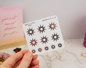 Foiled planner sticker sheet - Golden Suns! Decorative stickers for planners, journals and scrapbooks. Gold, Silver or Rose Gold foil