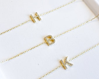 Pave Initial Dainty Bracelet, Custom CZ Diamond Initial Bracelet, 14K Gold Initial Diamond Necklace, Personalized Bracelet Handmade Jewelry