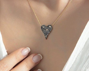 14K Gold Heart in Heart Necklace, Pave Elongated Necklace, Handmade Heart Necklace, Gift For Her, Black Diamond Heart Necklace, Dainty Heart