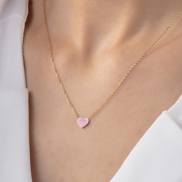 14K Gold Colorful Heart Necklace, Enamel Pendant, Love Necklace, Layering Chain, Minimalist Jewelry, Gift for Her, Enamel heart necklace