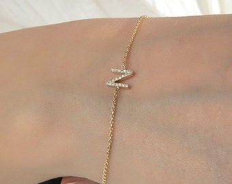 Pave Initial Dainty Bracelet, Custom CZ Diamond Initial Bracelet, 14K Gold Initial Diamond Necklace, Personalized Bracelet, Handmade Jewelry