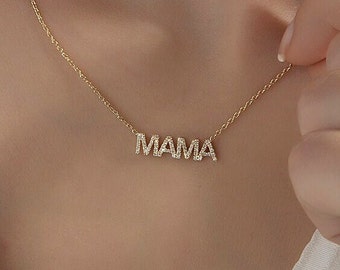 Pave MAMA necklace with CZ Diamonds, Custom Name Plate Necklace, Personalized Necklace, Handmade Jewelry, 14K Gold Name Necklace