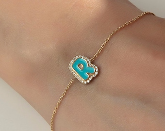 14K Gold Pave Enamel Color Initial Bracelet, Custom Enamel Color Bracelet, Personalized Bracelet, Cz Diamonds Bracelet, Special Gift For Her