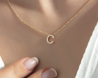 14K Gold Pave Initial CZ Diamond Custom Necklace - Handmade Personalized Jewelry - Gift For Her - Solid Gold Diamond Initial Pendant