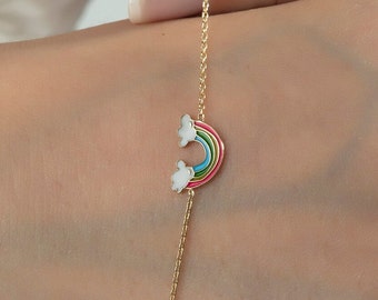 Rainbow Bracelet, 14K Gold Mini Rainbow Charm Bracelet, Personalized Jewelry, Gift for Kids, Rainbow  Cloud Bracelet, Minimal Gold Bracelet