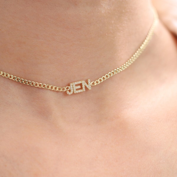 Choker Name Necklace - Gold Name Choker - Pave  Name necklace - Name Choker - Personalized Jewelry - Personalized Choker - Choker