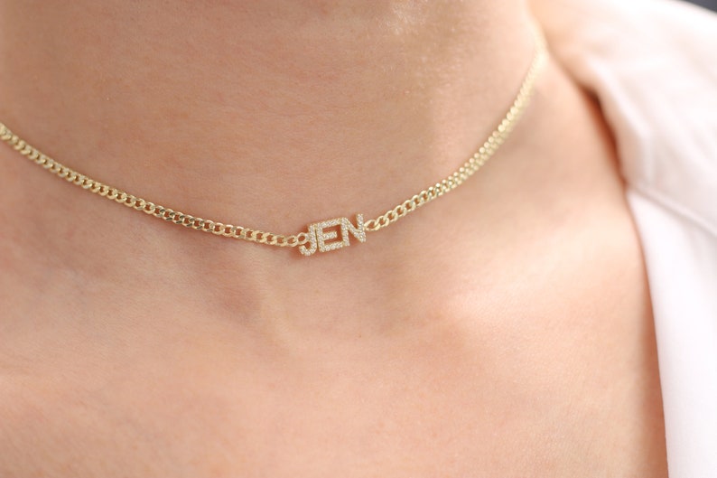 Choker Name Necklace Gold Name Choker Pave Name Necklace Etsy