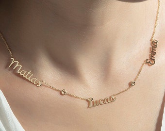 14K Family Name Necklace With CZ Diamonds, Three Name Plate Necklace, Personalized Name Necklace, Handmade Jewelry, 14K Gold Name Necklace