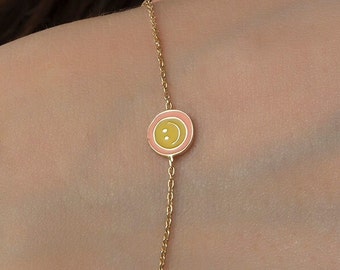 Smiley Face Enamel Color Bracelet, 14K Gold Enamel Color Bracelet, Personalized Smiley Bracelet, Dainty Solid Gold Bracelet, Gift for Her