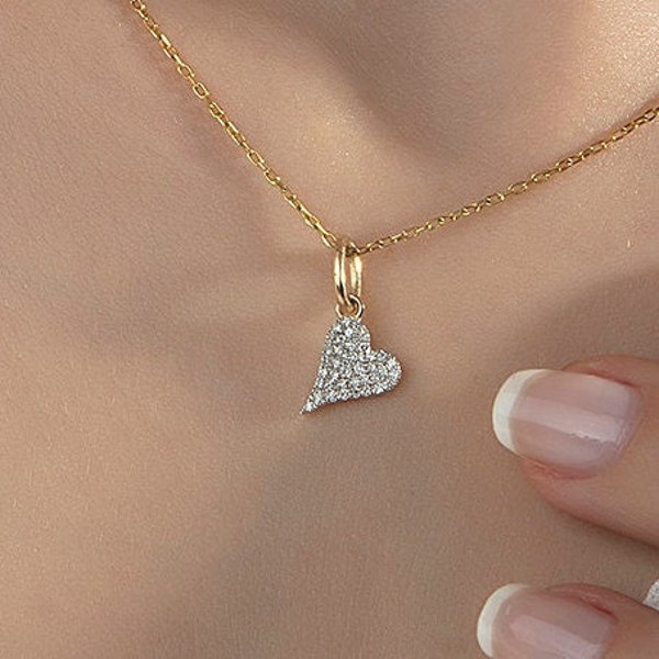 Pave Elongated Dainty Heart Necklace with CZ Diamonds, 14K Gold Heart Shape Necklace, Personalized Fine Jewelry, Minimal Heart Necklace