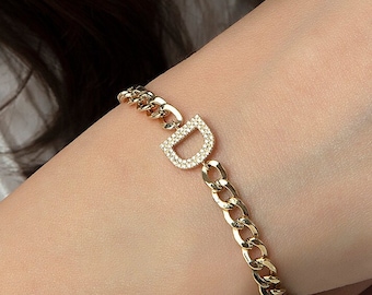 Pave Initial Cuban Chain Bracelet, Diamond Initial Bracelet, 14K Gold Initial Diamond Necklace, Personalized Bracelet, Handmade Jewelry