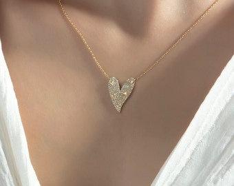 Pave Elongated Mini Heart Detail Necklace, Pave Elongated Heart Pendant, 14K Gold Heart in Heart Necklace, Fashion Necklace Jewelry