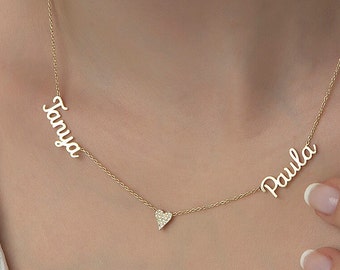 14K Two Name Necklace With Pave Heart, Personalized Name Necklace, Handmade Jewelry, Family Necklace, Gift for Her, CZ Diamond Necklace