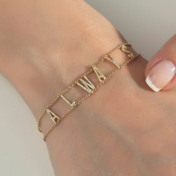 14K Gold Double Chain Pave Initial Bracelet, Custom Name Bracelet, Personalized Bracelet, Cz Diamonds Bracelet, Special Gift For Her