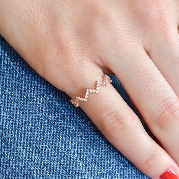 Zig Zag Ring Heart Rhythm Ring Pave Diamonds CZ Stone Ring