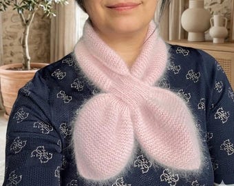 Rosa Schleifenschal, Angora Wolle Handstrickschal, gestrickter Halswärmer, Geschenk für Sie, niedlicher Schal