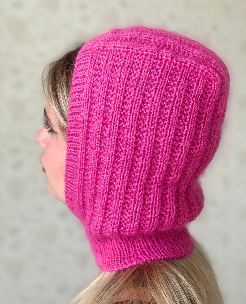 Balaclava Hat for Women Fuchsia Mohair Hand Knitted Hood With Ribbed