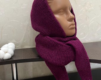 Handgestrickter Kapuzenschal aus Alpakawolle, weinrotes Bordo