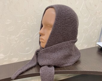 Sophie Hood Wrap - Alpaka Stricktuch aus Merinowolle in tiefes taupe