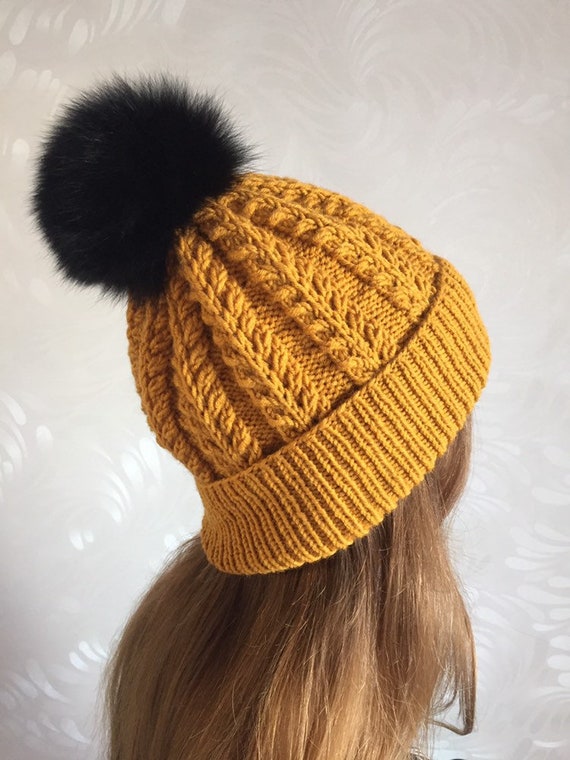 Mustard Yellow knit hat Fur pom pom chunky knit hat Arctic fox Etsy