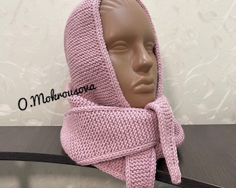 Handgestrickter Sophie Haubenschal aus Merinowolle - puderrosa, gemütliches Wintergeschenk