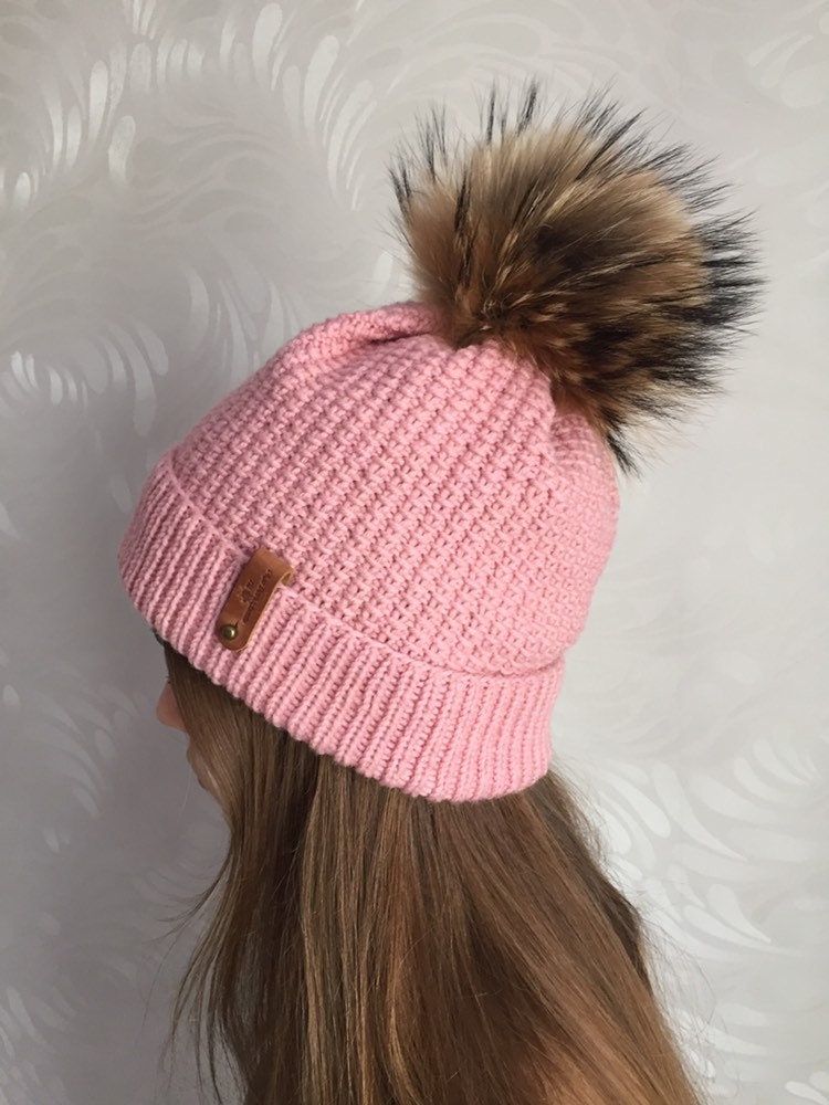 Hand Knit Beanie with Faux Fur Pom  Ribbed Stitch Beanie  Winter Hat
