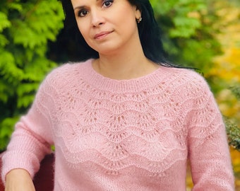 Handgestrickter Mohair Pullover: Pfirsichfarbener Spitzen Pullover, Grösse M