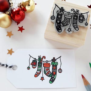 Tampon pour chaussettes de Noël, bas de Noël, cadeaux du père Noël, étiquettes de Noël à faire soi-même, emballage de Noël, tampon Rudolph, idée déco de Noël