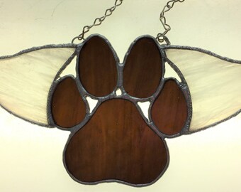 Puppy / Dog / Cat / Kitten Angel Wing Paws Sunchatcher Stained Glass - Med Brown