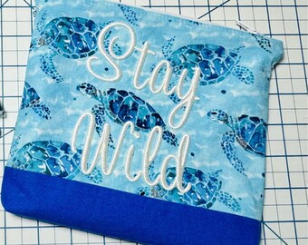 Unique Raised Embroidered "Stay Wild" Sea Turtle Theme Fab Zipper Pouch