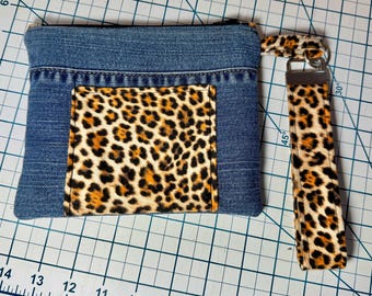 Unique Denim and Leopard Boho Fab Zipper Clutch Purse with Wristlet Strap