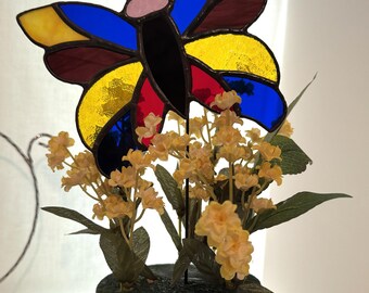 Handcrafted Stained Glass Butterfly Suncatcher on Base with Flowers - FREE Shipping