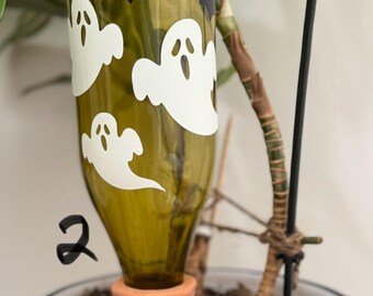 Upcycled Recycled Hand-Crafted Holiday Halloween, Christmas Decorated Wine Bottles with Terracotta Watering Spike - Set