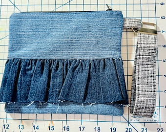 Unique Denim Raw Edge Ruffle Boho Fab Zipper Clutch Purse