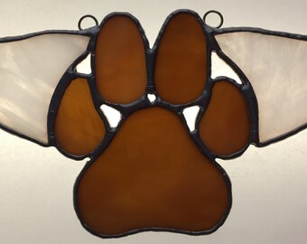 Puppy / Dog / Cat / Kitten Angel Wing Paws Sunchatcher Stained Glass - Light Brown