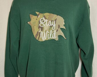 One of a Kind "Stay Wild" 3D Embroidered Reworked Upcycled Sweatshirt
