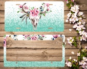 Mint and White - Watercolor Bull Skull - Front License Plate - License Plate Frame - Personalized Car Tag